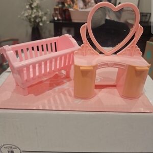 Pink Heart Vanity and Cradle Playset for Kids Dolls